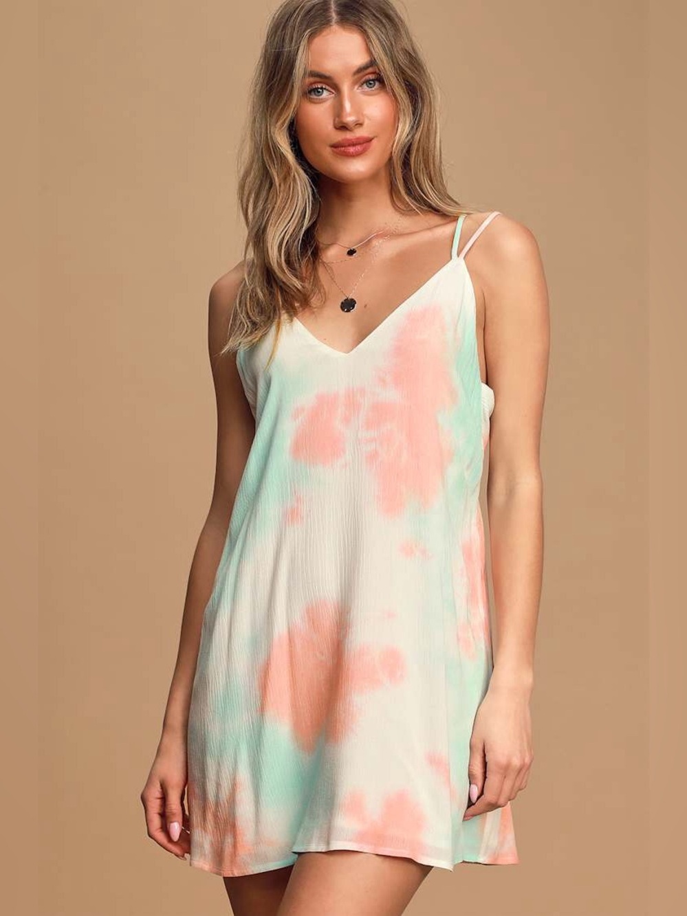Lulu's Cream Mini Dress with Pink & Mint Tie-Dye